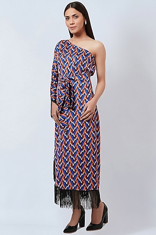 Blue Polyester Satin One-Shoulder Dress by First Resort by Ramola Bachchan