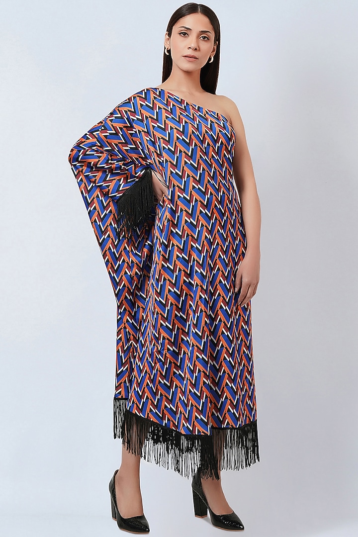 Blue Polyester Satin One-Shoulder Summer Dress by First Resort by Ramola Bachchan at Pernia's Pop Up Shop