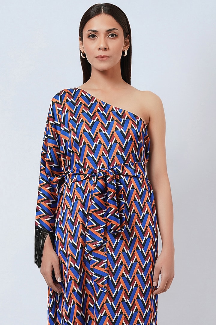 Blue Polyester Satin One-Shoulder Summer Dress by First Resort by Ramola Bachchan at Pernia's Pop Up Shop