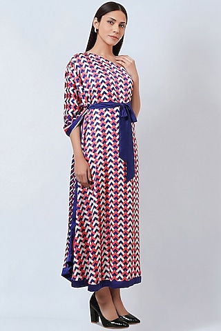 Coral Pink & Blue Polyester Satin One-Shoulder Dress by First Resort by Ramola Bachchan