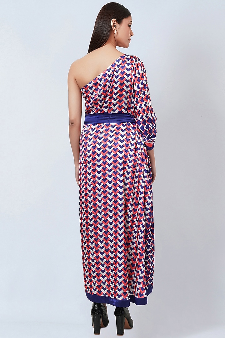 Coral Pink & Blue Polyester Satin One-Shoulder Summer Dress by First Resort by Ramola Bachchan at Pernia's Pop Up Shop