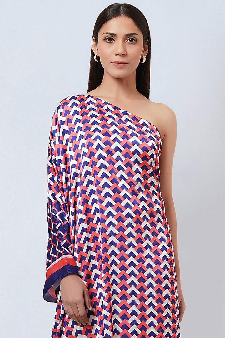 Coral Pink & Blue Polyester Satin One-Shoulder Summer Dress by First Resort by Ramola Bachchan at Pernia's Pop Up Shop