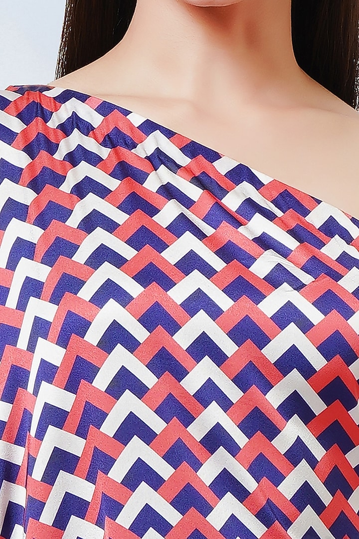 Coral Pink & Blue Polyester Satin One-Shoulder Summer Dress by First Resort by Ramola Bachchan at Pernia's Pop Up Shop