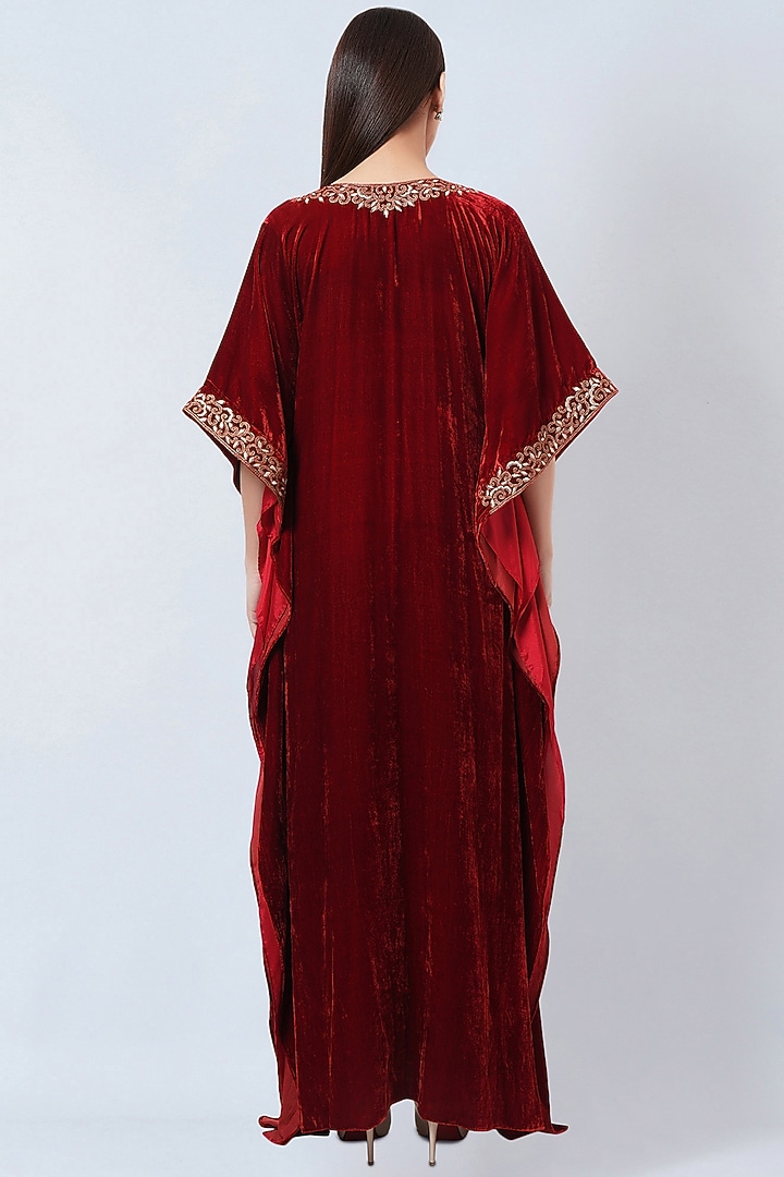 Red Silk Velvet Embroidered Kaftan by First Resort by Ramola Bachchan at Pernia's Pop Up Shop