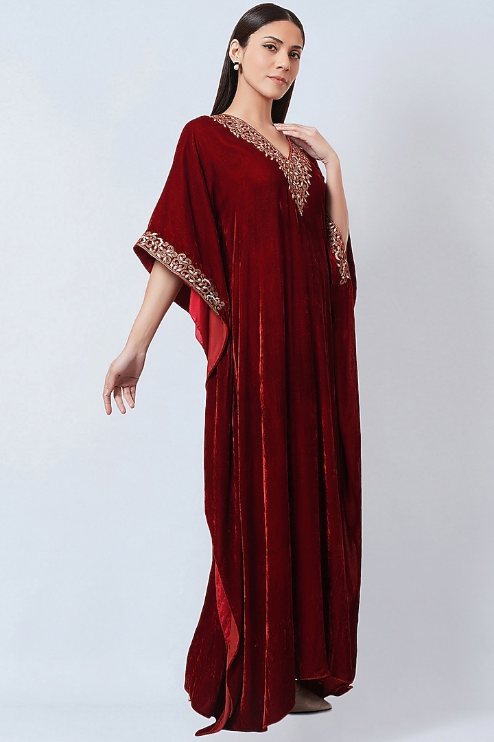 Red Silk Velvet Embroidered Kaftan by First Resort by Ramola Bachchan at Pernia's Pop Up Shop
