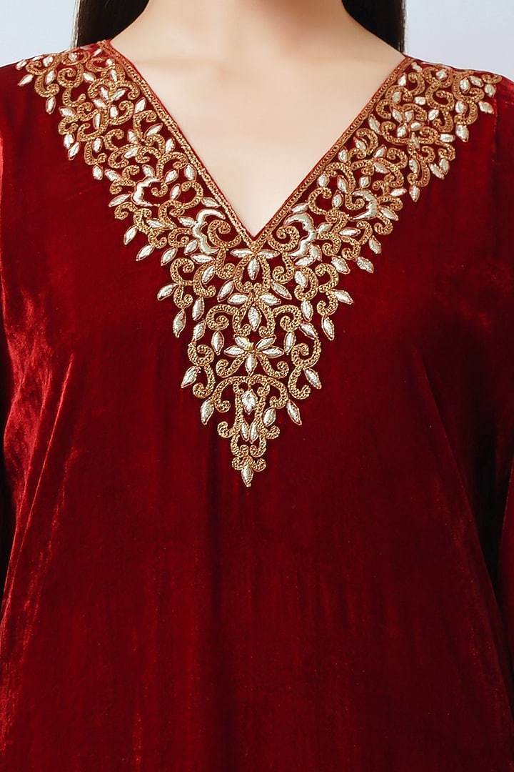 Red Silk Velvet Embroidered Kaftan by First Resort by Ramola Bachchan at Pernia's Pop Up Shop