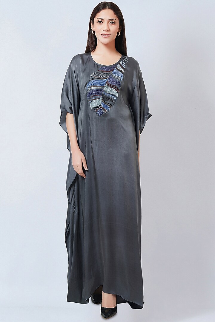 Dark Grey Bemberg Satin Embroidered Kaftan by First Resort by Ramola Bachchan at Pernia's Pop Up Shop