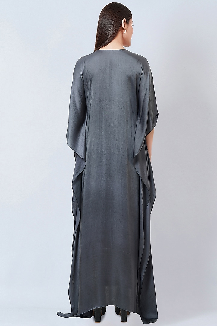 Dark Grey Bemberg Satin Embroidered Kaftan by First Resort by Ramola Bachchan at Pernia's Pop Up Shop