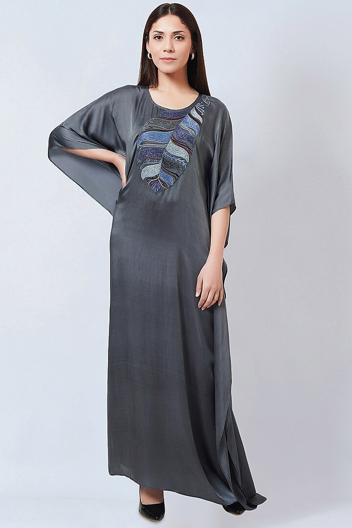 Dark Grey Bemberg Satin Embroidered Kaftan by First Resort by Ramola Bachchan at Pernia's Pop Up Shop