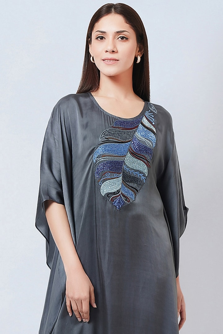 Dark Grey Bemberg Satin Embroidered Kaftan by First Resort by Ramola Bachchan at Pernia's Pop Up Shop