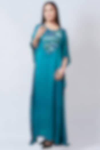 Teal Bemberg Satin Embroidered Kaftan by First Resort by Ramola Bachchan at Pernia's Pop Up Shop