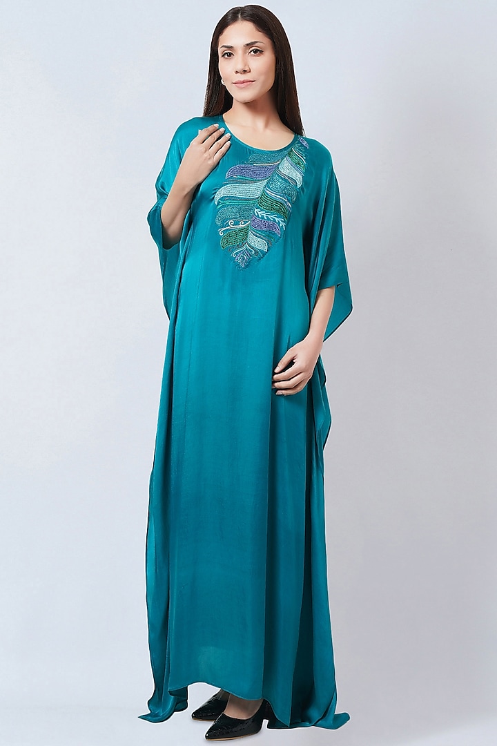 Teal Bemberg Satin Embroidered Kaftan by First Resort by Ramola Bachchan at Pernia's Pop Up Shop