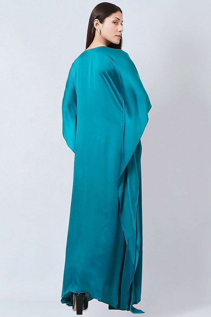 Teal Bemberg Satin Embroidered Kaftan by First Resort by Ramola Bachchan at Pernia's Pop Up Shop