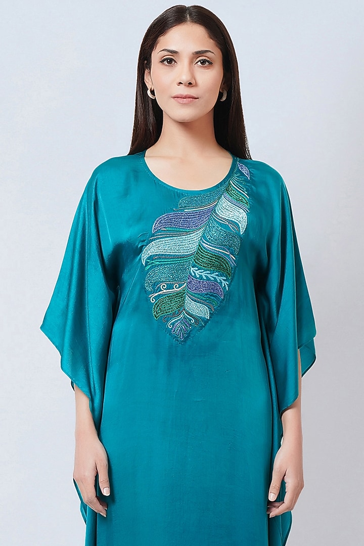 Teal Bemberg Satin Embroidered Kaftan by First Resort by Ramola Bachchan at Pernia's Pop Up Shop
