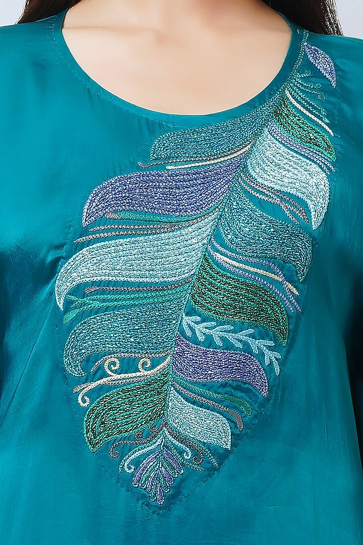 Teal Bemberg Satin Embroidered Kaftan by First Resort by Ramola Bachchan at Pernia's Pop Up Shop