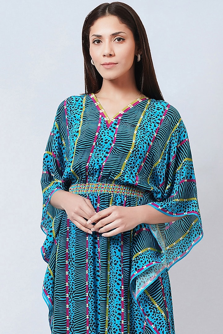 Blue Silk Crepe Printed Kaftan by First Resort by Ramola Bachchan at Pernia's Pop Up Shop