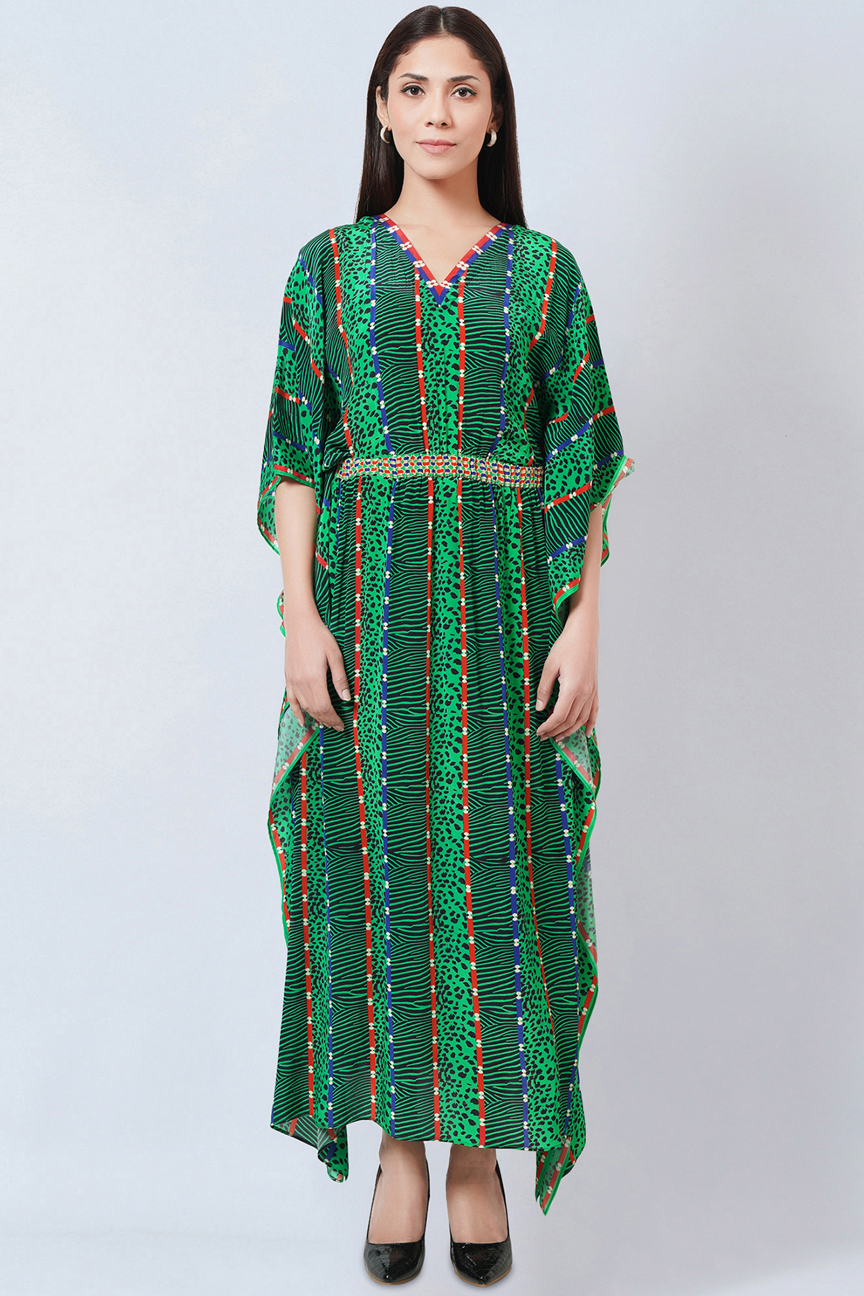 Green Silk Crepe Printed Kaftan by First Resort by Ramola Bachchan at Pernia's Pop Up Shop