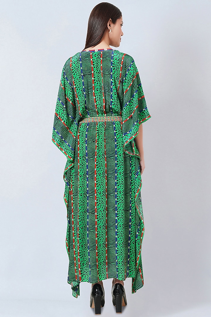 Green Silk Crepe Printed Kaftan by First Resort by Ramola Bachchan at Pernia's Pop Up Shop