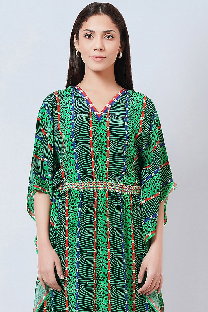 Green Silk Crepe Printed Kaftan by First Resort by Ramola Bachchan at Pernia's Pop Up Shop
