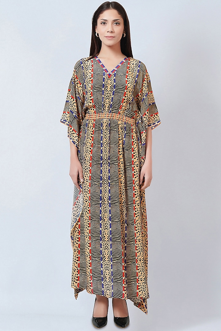 Marigold Silk Crepe Printed Kaftan Design by First Resort by Ramola ...