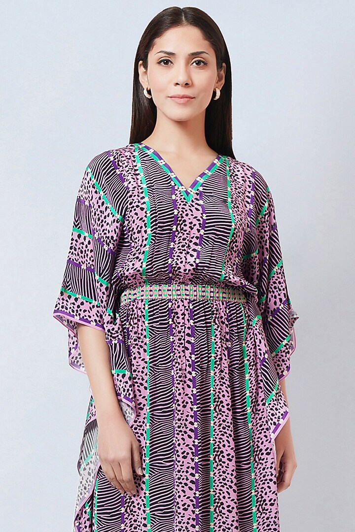 Mauve Silk Crepe Printed Kaftan by First Resort by Ramola Bachchan at Pernia's Pop Up Shop