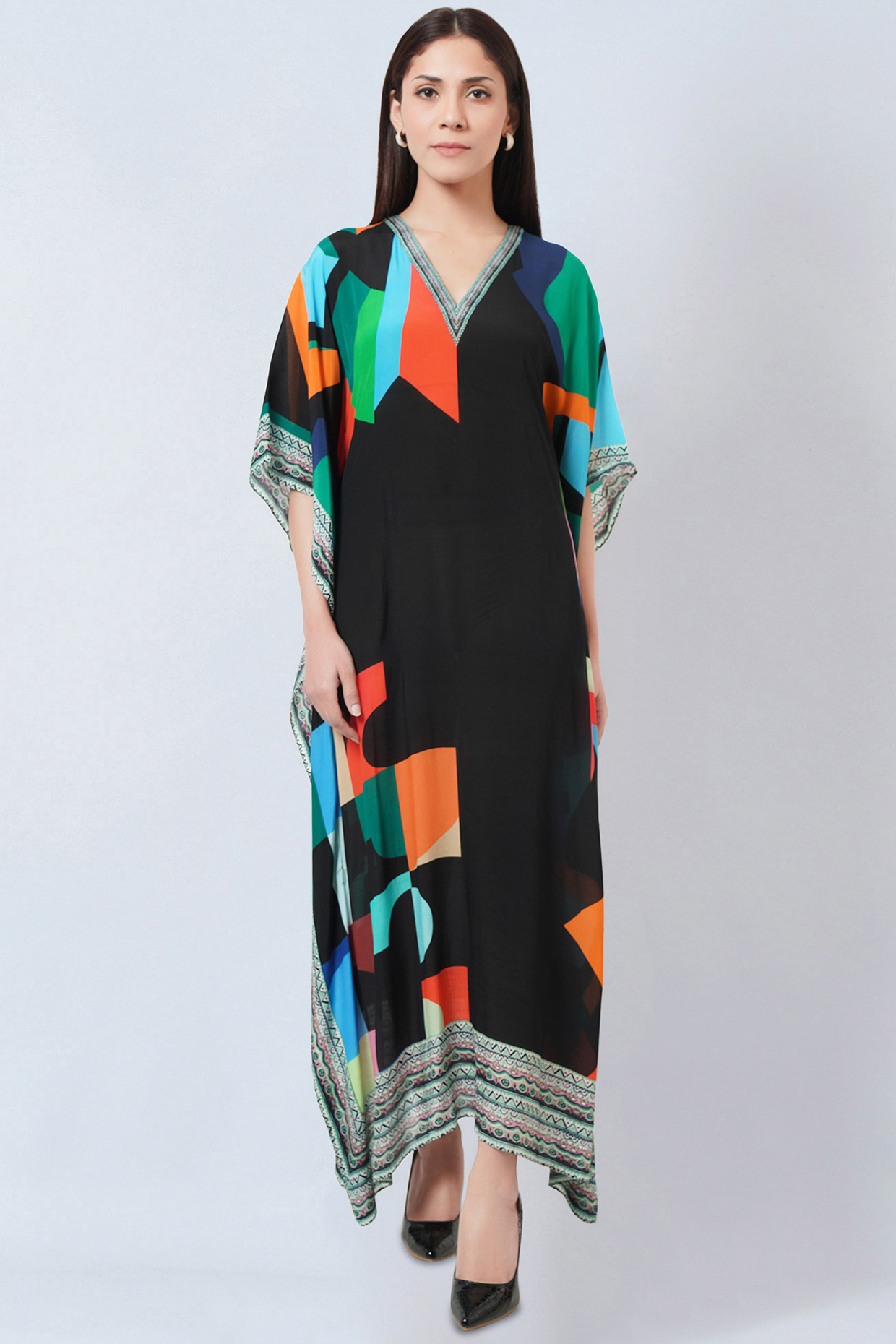 Black Viscose Crepe Printed Kaftan by First Resort by Ramola Bachchan at Pernia's Pop Up Shop