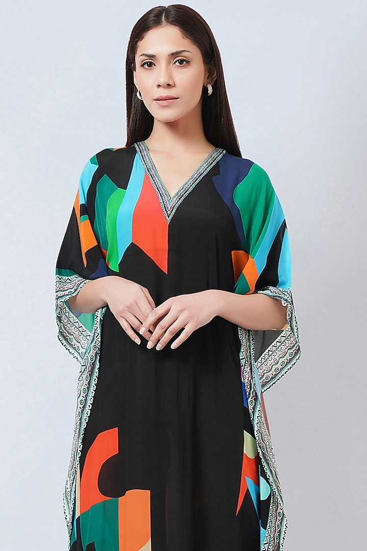 Black Viscose Crepe Printed Kaftan by First Resort by Ramola Bachchan at Pernia's Pop Up Shop