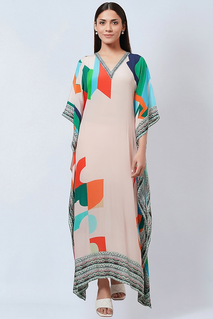 Peach Viscose Crepe Printed Kaftan by First Resort by Ramola Bachchan at Pernia's Pop Up Shop
