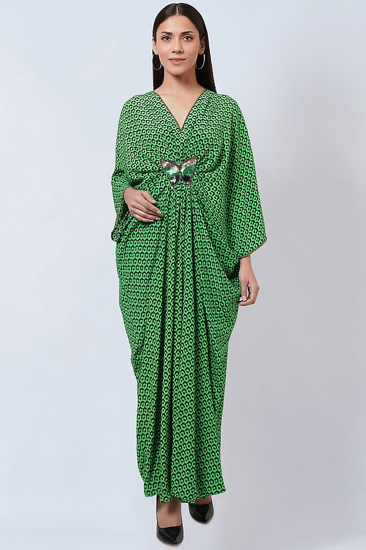 Emerald Green Silk Crepe Printed Kaftan by First Resort by Ramola Bachchan