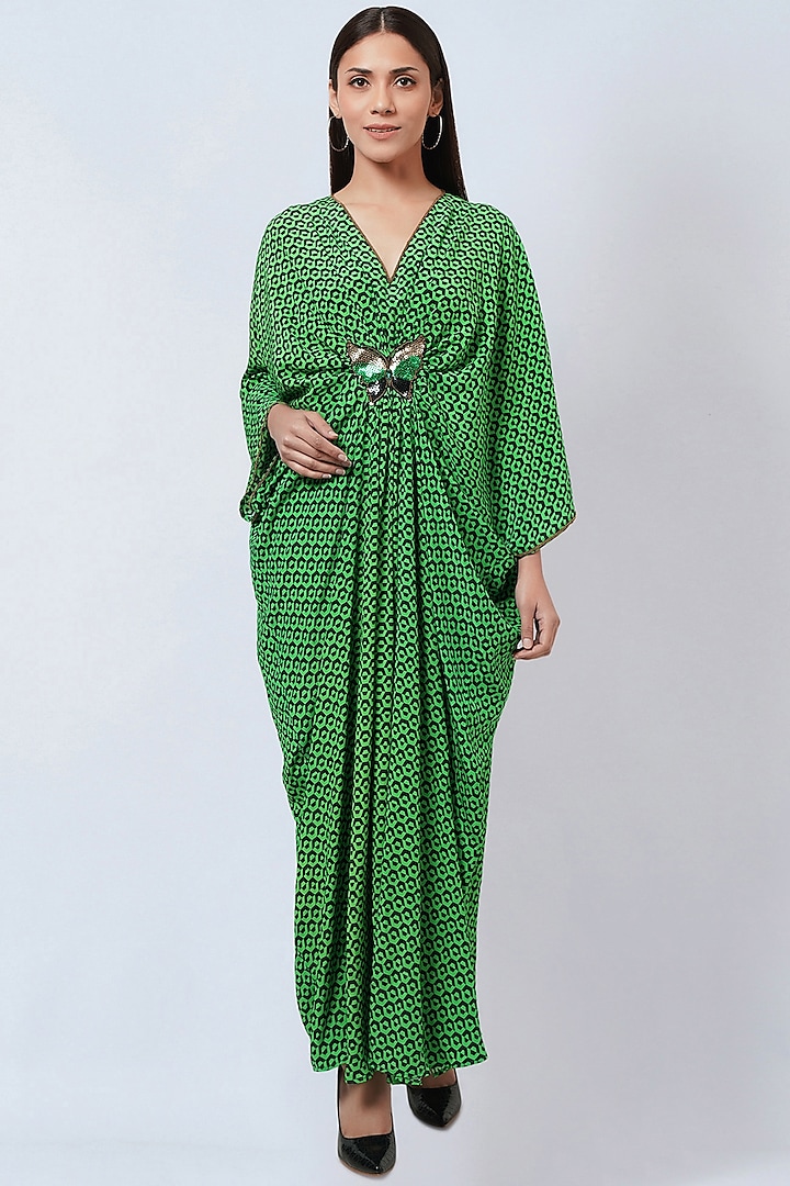 Emerald Green Silk Crepe Printed Kaftan by First Resort by Ramola Bachchan at Pernia's Pop Up Shop