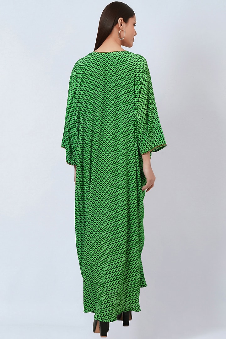 Emerald Green Silk Crepe Printed Kaftan by First Resort by Ramola Bachchan at Pernia's Pop Up Shop