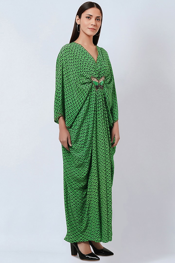 Emerald Green Silk Crepe Printed Kaftan by First Resort by Ramola Bachchan at Pernia's Pop Up Shop