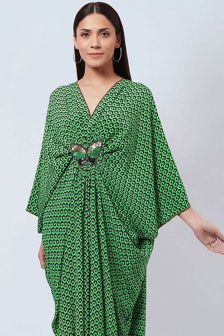 Emerald Green Silk Crepe Printed Kaftan by First Resort by Ramola Bachchan at Pernia's Pop Up Shop