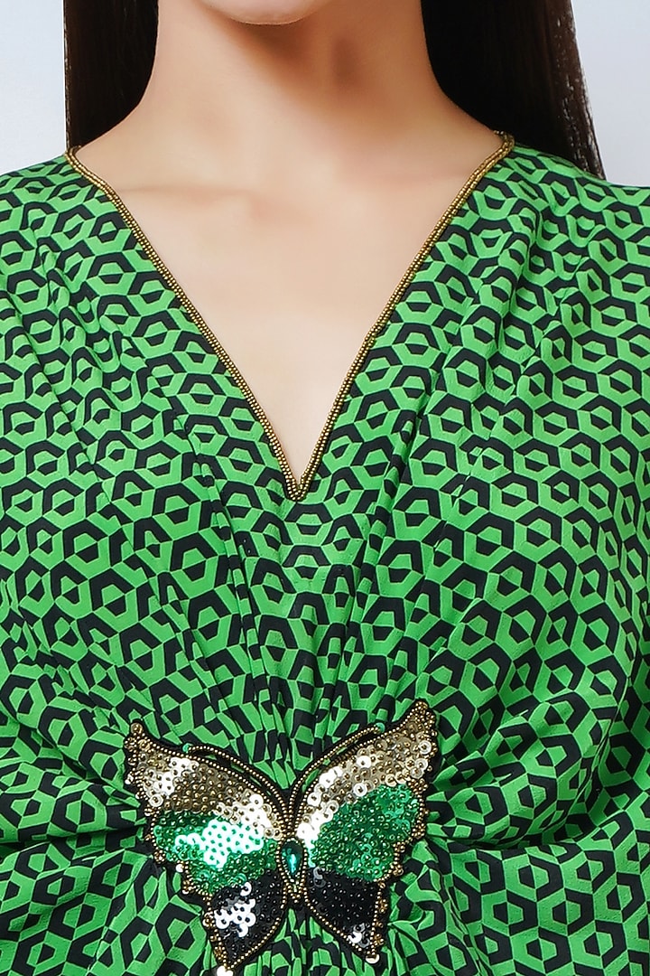 Emerald Green Silk Crepe Printed Kaftan by First Resort by Ramola Bachchan at Pernia's Pop Up Shop