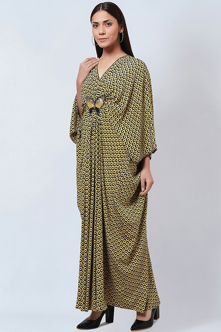 Yellow Silk Crepe Printed Kaftan by First Resort by Ramola Bachchan at Pernia's Pop Up Shop