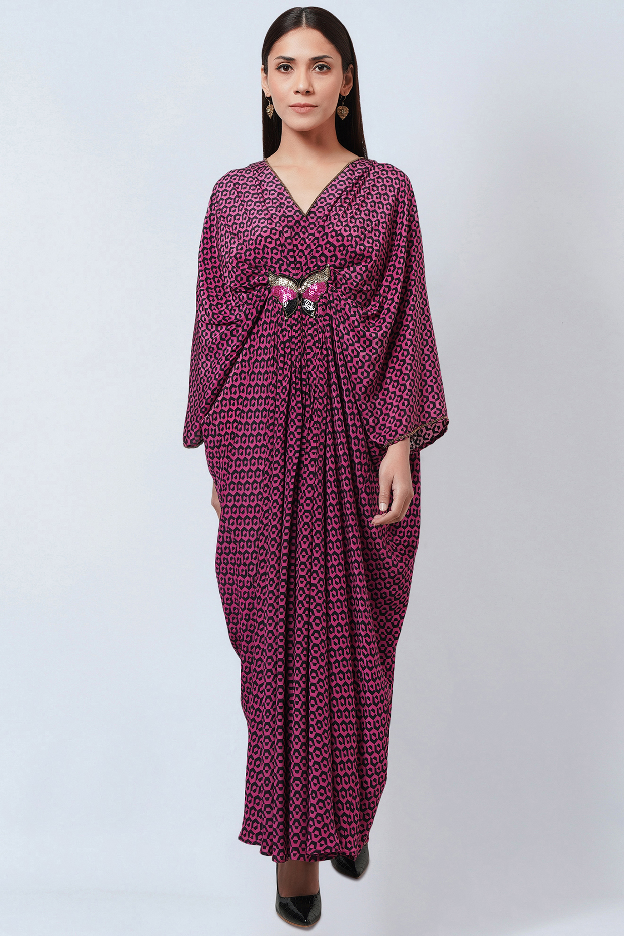 Fuchsia Silk Crepe Printed Kaftan by First Resort by Ramola Bachchan at Pernia's Pop Up Shop