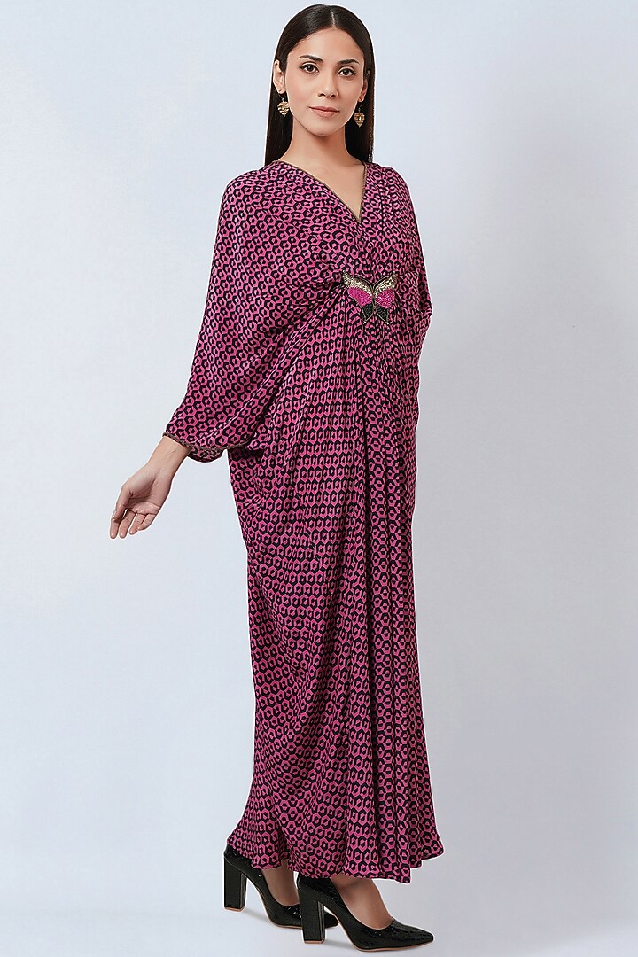 Fuchsia Silk Crepe Printed Kaftan by First Resort by Ramola Bachchan at Pernia's Pop Up Shop