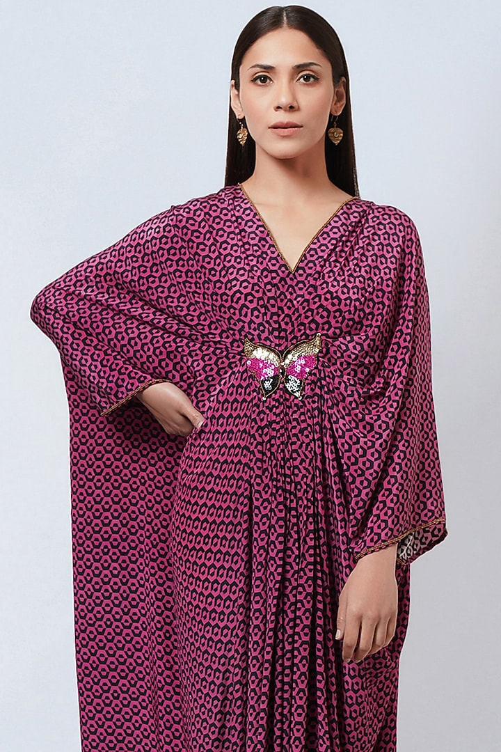 Fuchsia Silk Crepe Printed Kaftan by First Resort by Ramola Bachchan at Pernia's Pop Up Shop