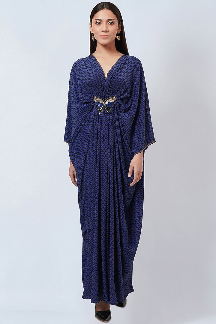 Cobalt Blue Silk Crepe Printed Kaftan by First Resort by Ramola Bachchan at Pernia's Pop Up Shop