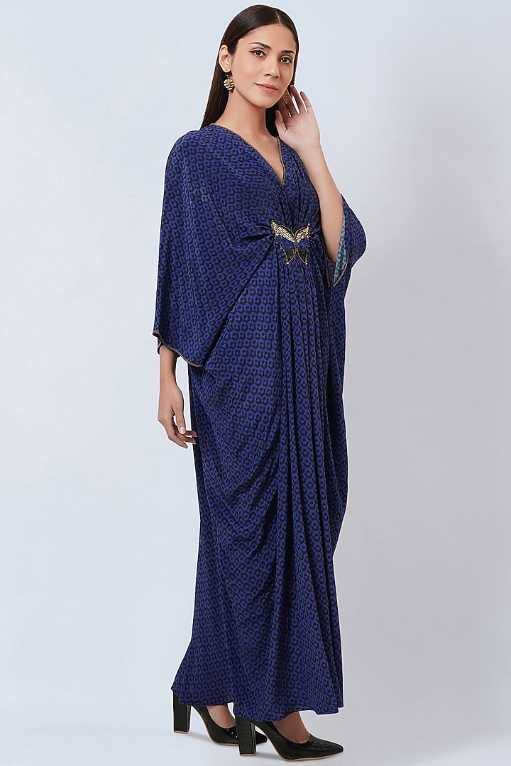 Cobalt Blue Silk Crepe Printed Kaftan by First Resort by Ramola Bachchan at Pernia's Pop Up Shop