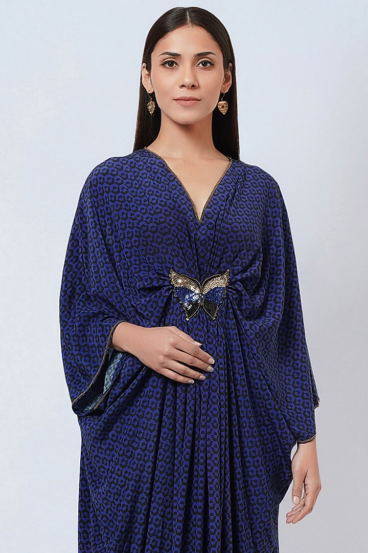 Cobalt Blue Silk Crepe Printed Kaftan by First Resort by Ramola Bachchan at Pernia's Pop Up Shop