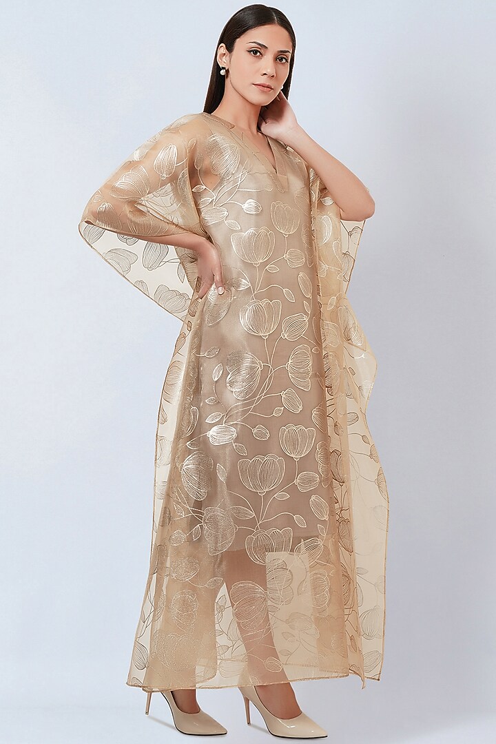 Gold Organza Kaftan by First Resort by Ramola Bachchan at Pernia's Pop Up Shop