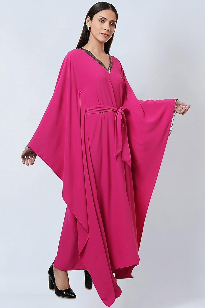 Bright Pink Polyester Crepe Kaftan by First Resort by Ramola Bachchan at Pernia's Pop Up Shop