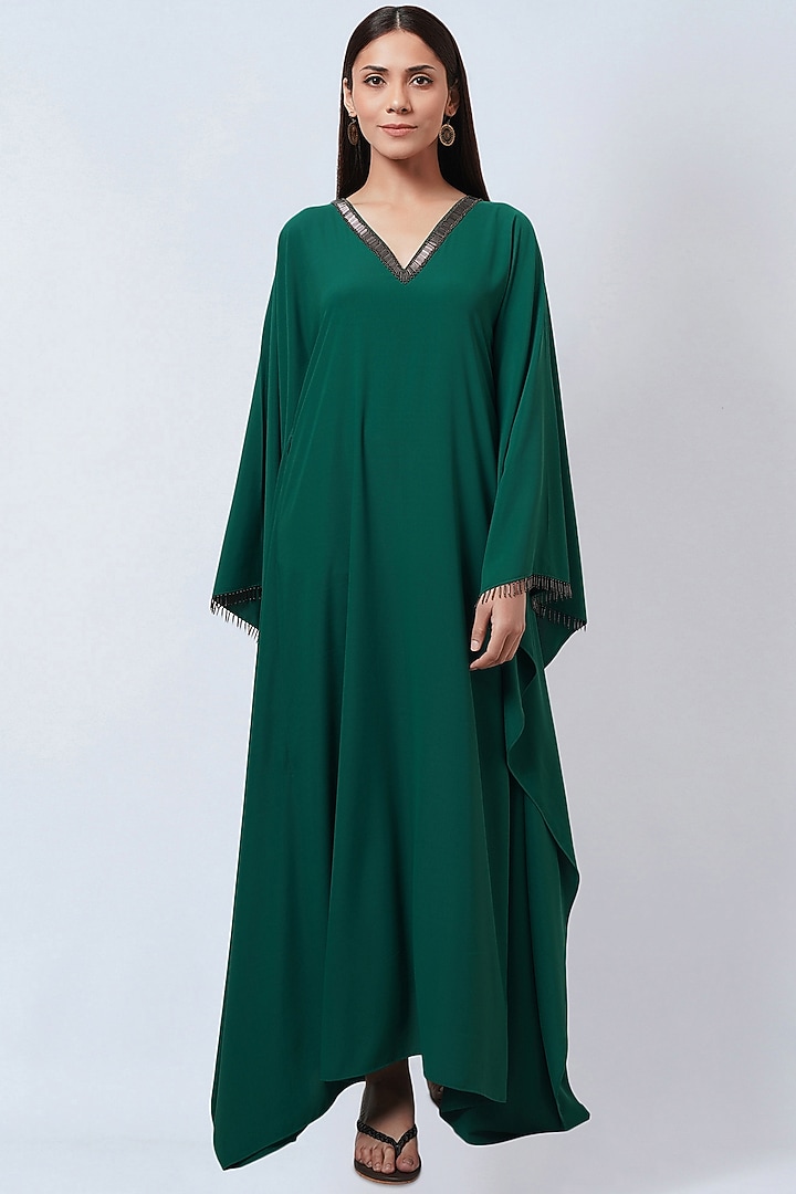 Pine Green Polyester Crepe Kaftan by First Resort by Ramola Bachchan at Pernia's Pop Up Shop