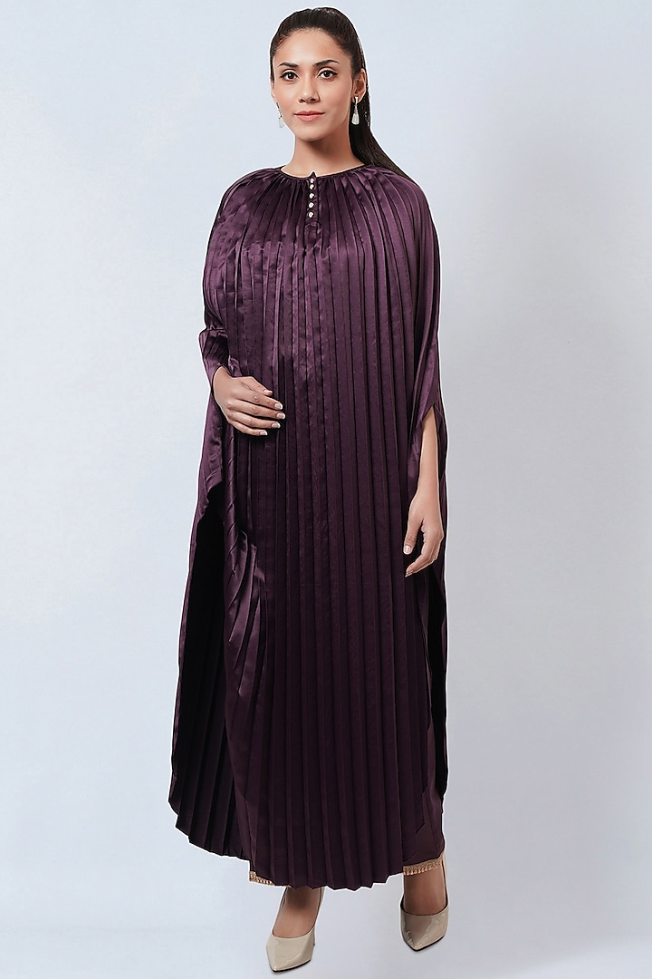 Purple Polyester Satin Pleated Asymmetric Kaftan by First Resort by Ramola Bachchan