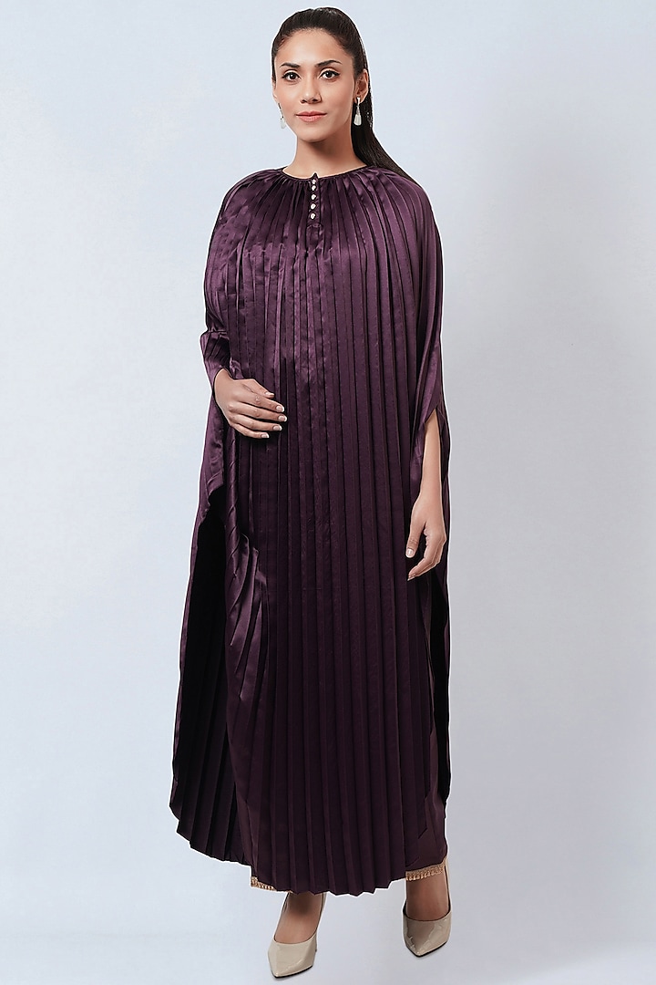 Purple Polyester Satin Pleated Asymmetric Kaftan by First Resort by Ramola Bachchan at Pernia's Pop Up Shop