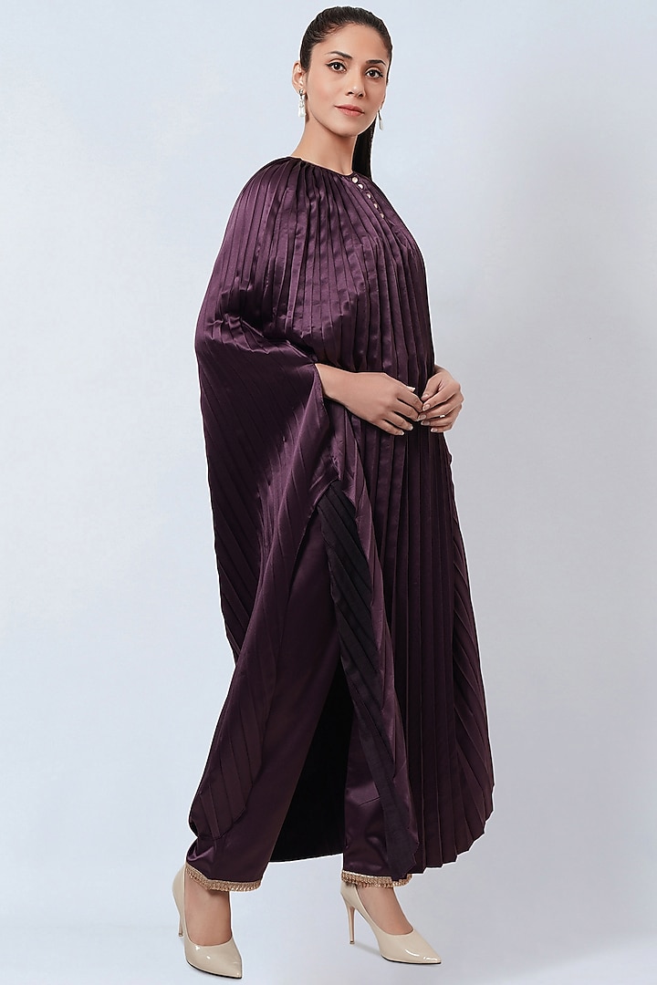 Purple Polyester Satin Pleated Asymmetric Kaftan by First Resort by Ramola Bachchan at Pernia's Pop Up Shop