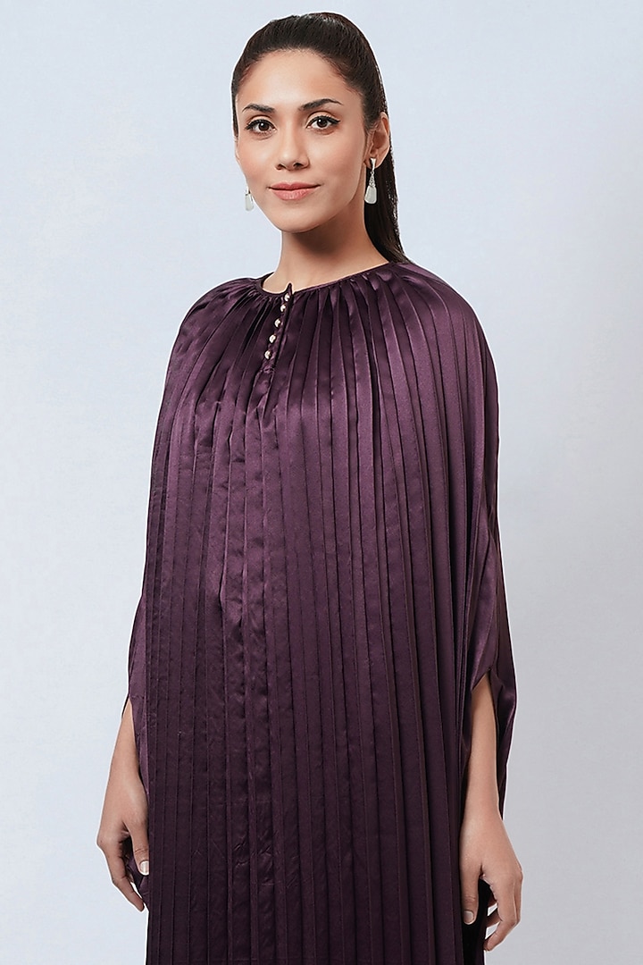 Purple Polyester Satin Pleated Asymmetric Kaftan by First Resort by Ramola Bachchan at Pernia's Pop Up Shop