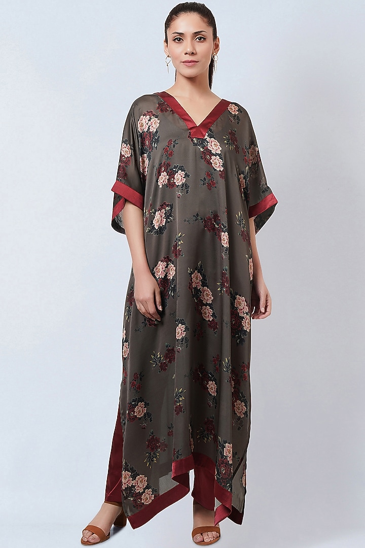 Green & Maroon Satin Georgette Floral Printed Kaftan by First Resort by Ramola Bachchan at Pernia's Pop Up Shop