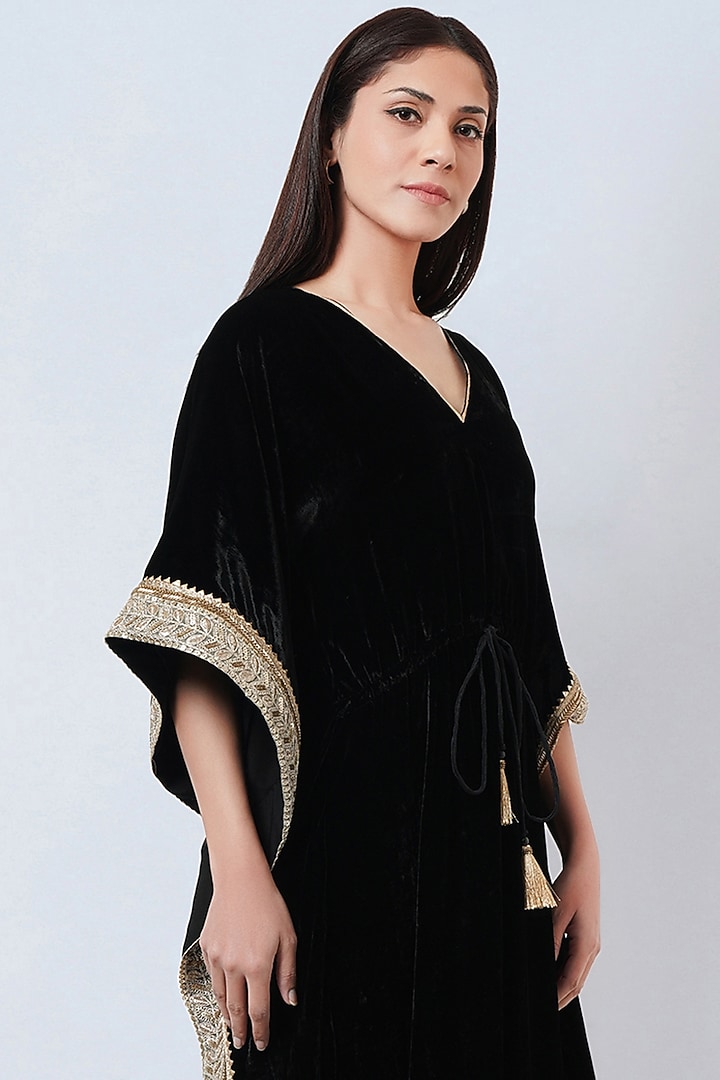Black Silk Velvet Kaftan by First Resort by Ramola Bachchan at Pernia's Pop Up Shop